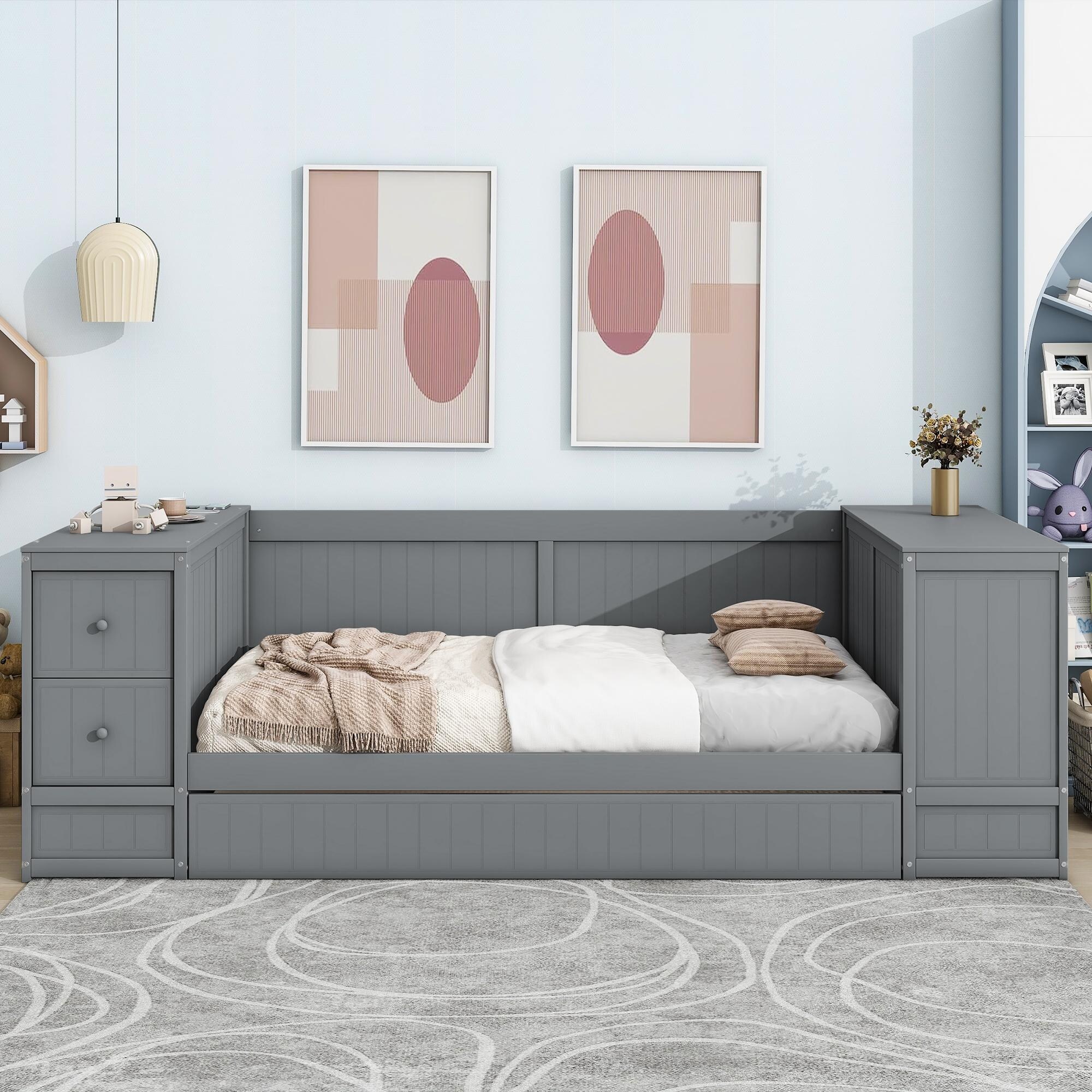 Twin Size Daybed with Storage Arms Trundle and Charging Station