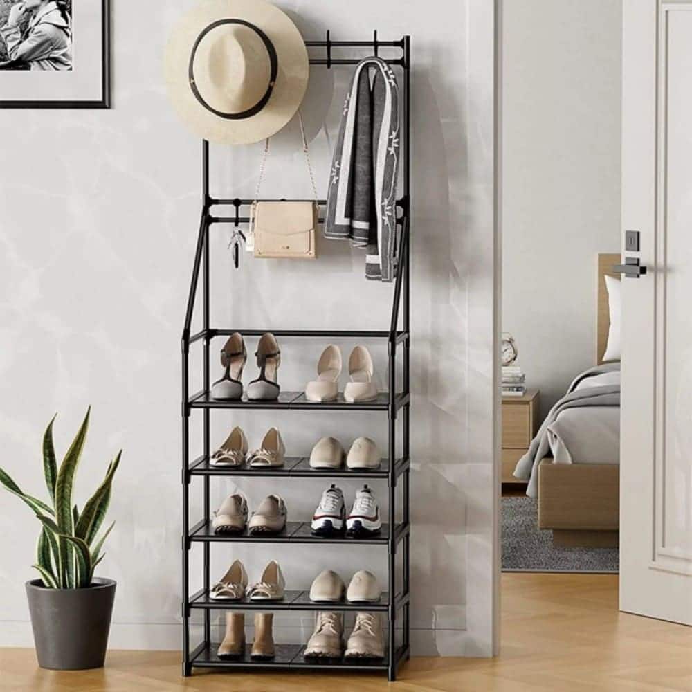 5-Tier Narrow Shoe Rack with 8 Hooks, Organizer for Shoes, Coats
