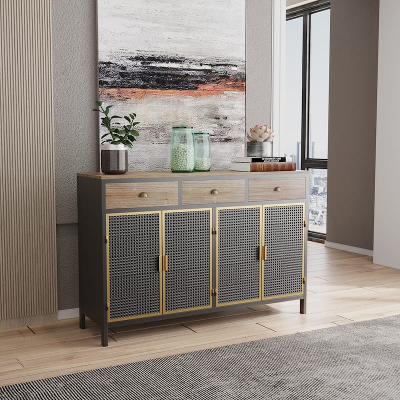 Roomfitters 48-Inch Wide Modern Sideboard with 3 Top Drawers and 4 Doors - Freestanding Storage Cabinet for Living Room, Office