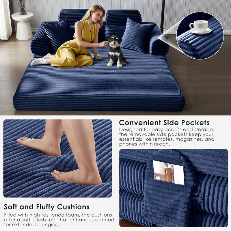 Convertible Sleeper Sofa Bed, 78.5" Corduroy Foldable Loveseat Sofa, King Size Floor Mattress Couch, No Assembly Required