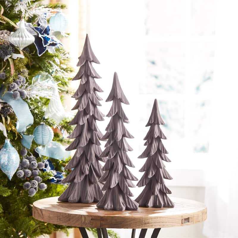 Set of 3 Velvet Resin Pine Tree Decor Modern Holiday Decoration for Mantel or Shelf Display - 6.75”L x 5”W x 17”H - Grey