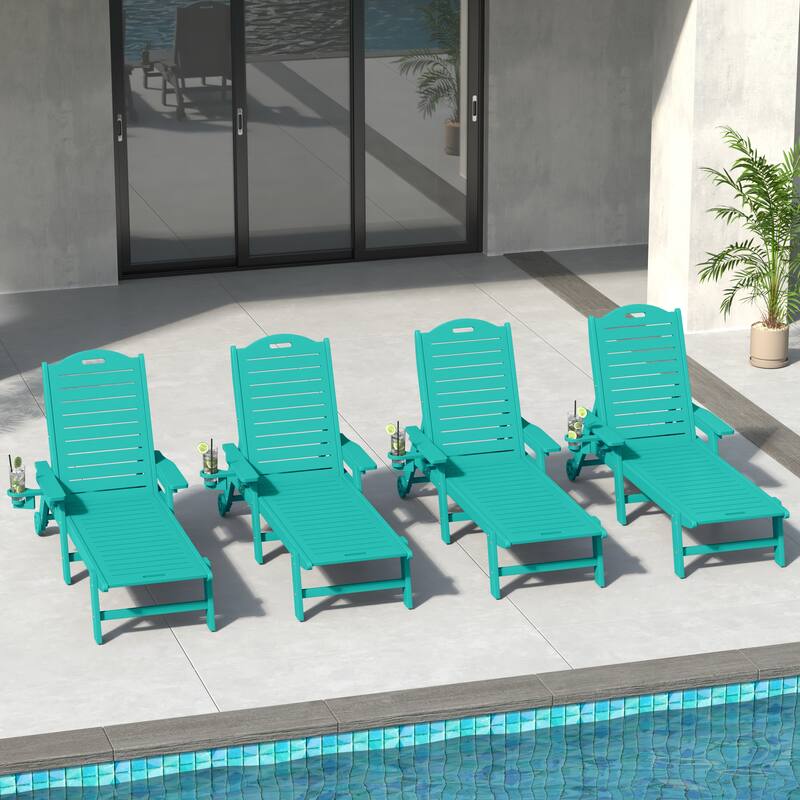 Brighton Outdoor Poly Reclining Chaise Lounge with Wheels & Cup Holder (Set of 4)