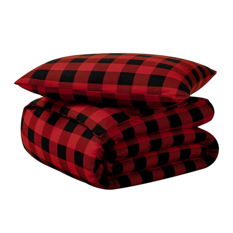 Bare Home Cotton Flannel Duvet Cover and Sham Set - Buffalo Plaid - Red/Black - Twin