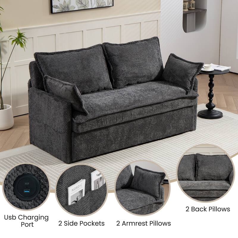 2-in-1 Pull-Out Sofa Bed, Couch Loveseat with Side Storage Pockets, Convertible Sleeper Sofa with USB Charging