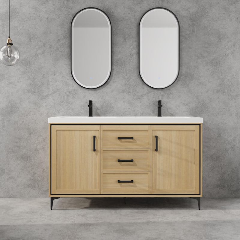 BNK 60'' Bathroom Vanity With Sink, Freestanding Bathroom Vanity with 3 Drawers and 2 Soft Close Doors - 59.06''W×19.69''D×35.06''H - Beige
