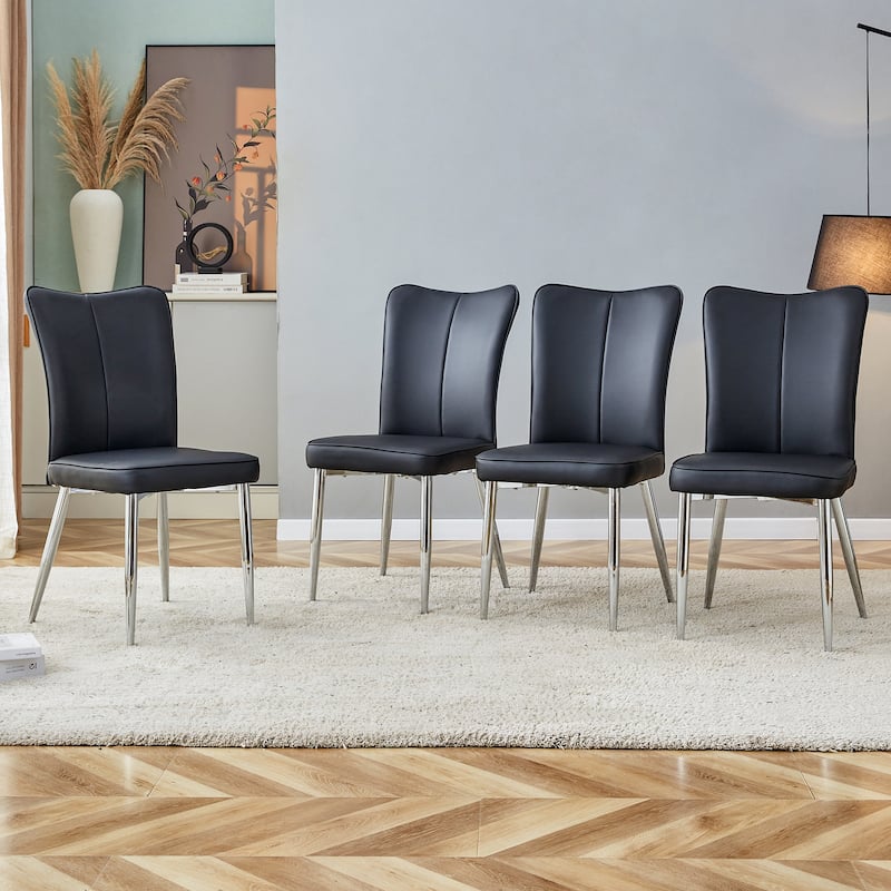 Dining Chairs, Black Pu Leather Curved Backrest And Seat Cushions, Electroplated Metal Chair Legs,A Set Of 4 Chairs.