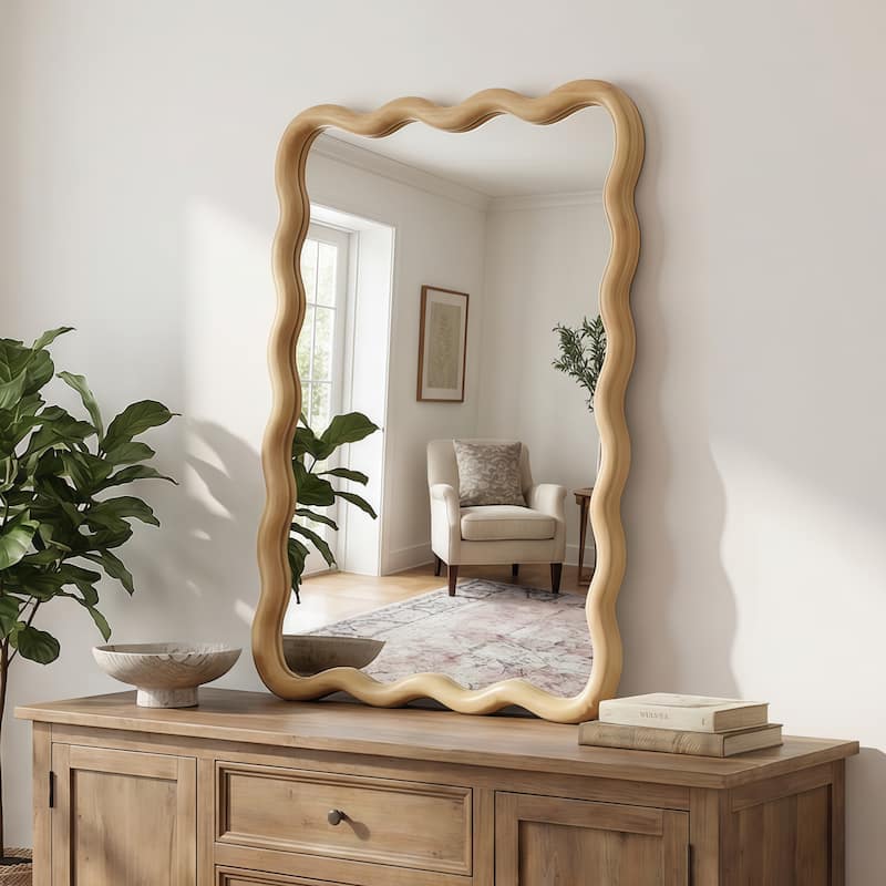 20"x30" Wavy Rectangle Solid Wood Frame Decorative Mirror,For Bedroom, Bathroom, Living Room, Entryway