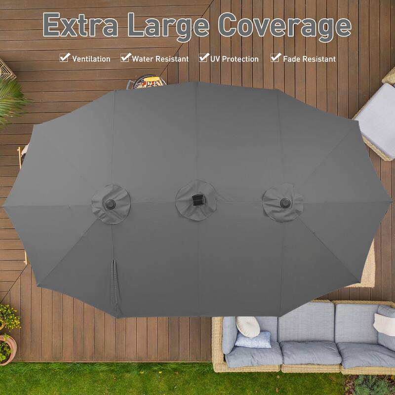 15ft Patio Umbrella Outdoor Market Umbrella with Base and LED Lights
