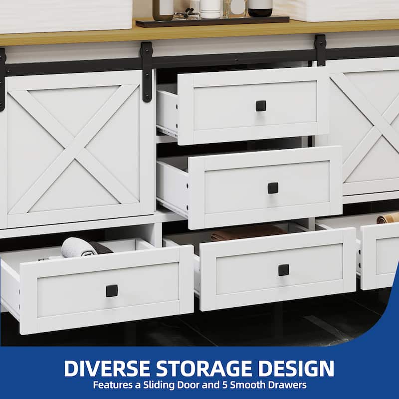 Moasis 60" Farmhouse Double Sink Bathroom Vanity Cabinet with Ceramic Sink Basin and Sliding-Door Cabinet & 5 Drawers