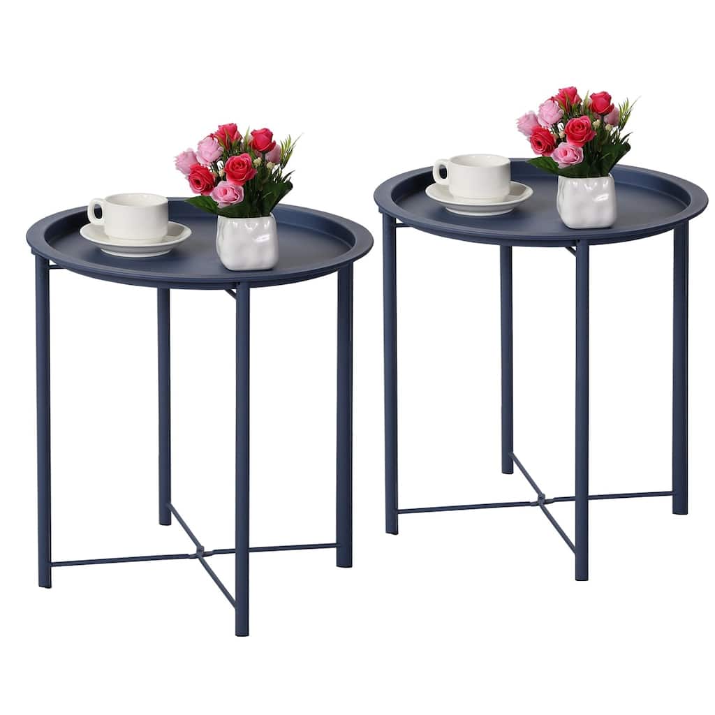 VECELO 1/2-Pack Blue Modern Side Table/ End Table with Round Removable Tray X-Shape Frame for Living Room or Bedroom