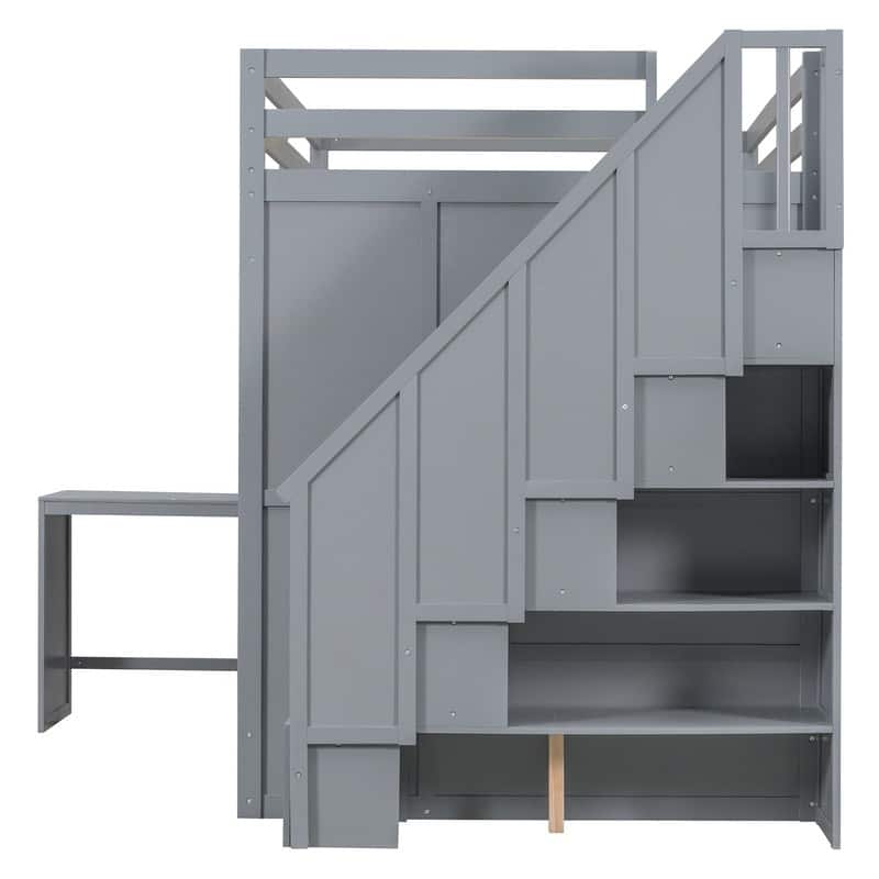 Full Size Loft Bed with Wardrobe,Desk and Shelves