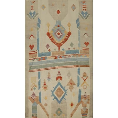 Hand Woven Oriental 100% Wool Carpet Southwestern Tribal Beige & Ivories Kilim Area Rug - 9' 1'' X 5' 8''