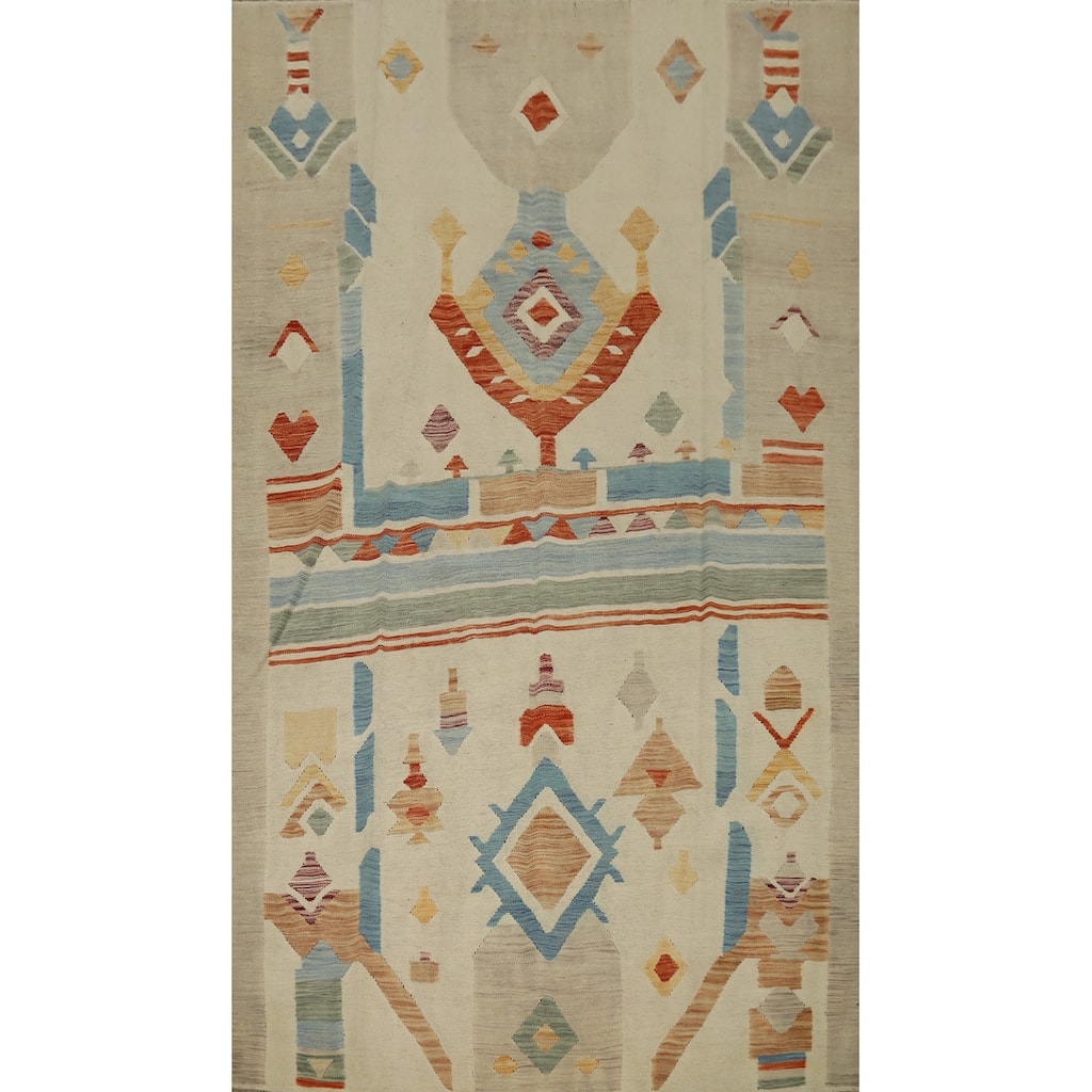Hand Woven Oriental 100% Wool Carpet Southwestern Tribal Beige & Ivories Kilim Area Rug - 9' 1'' X 5' 8''