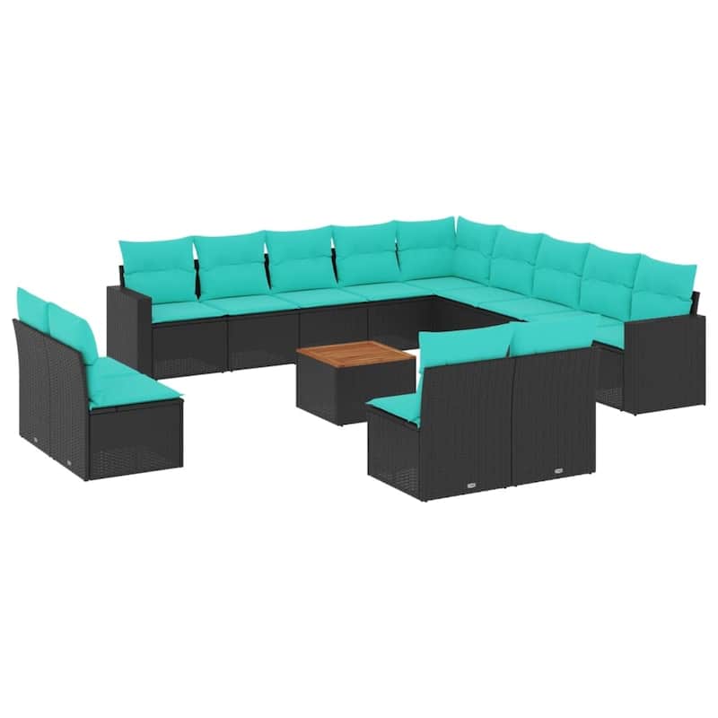 vidaXL 14 Piece Patio Sofa Set with Cushions Black Poly Rattan - 24.4 x 24.4 x 27.2 (W x D x H)