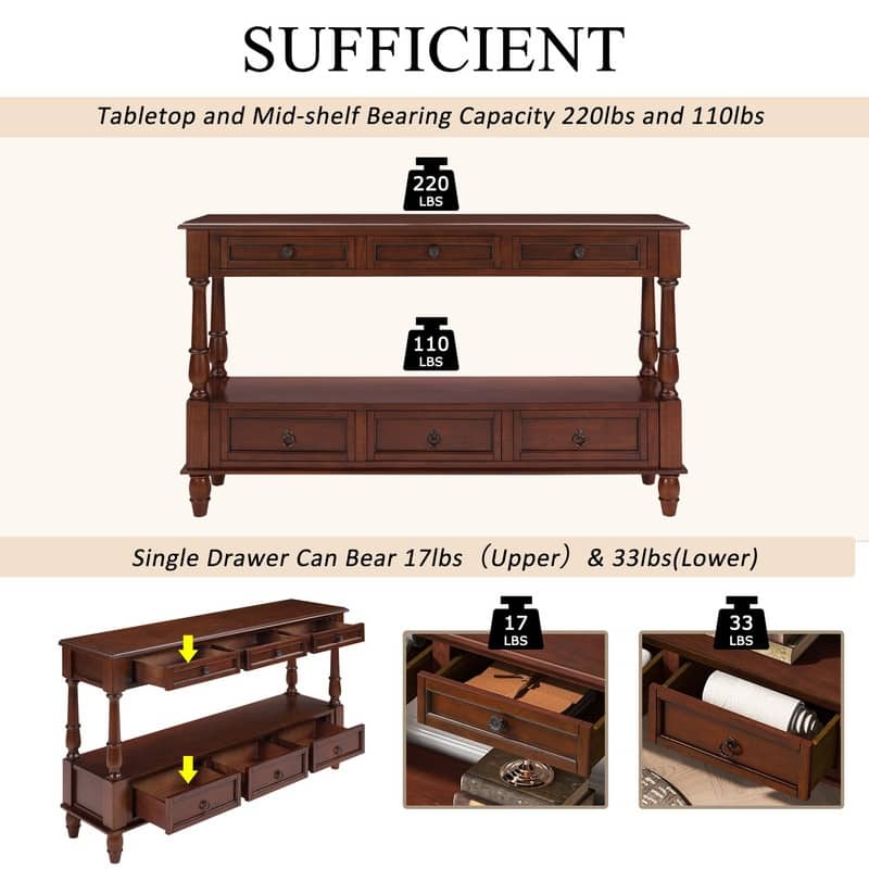 Retro 54" Solid Wood Console Table with 6 Drawers and Shelf for Vintage Living Room and Hallway Storage