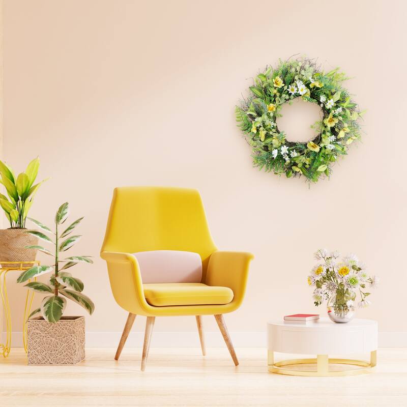 Daisy and Dogwood Artificial Floral Spring Wreath - 24" - White and Yellow