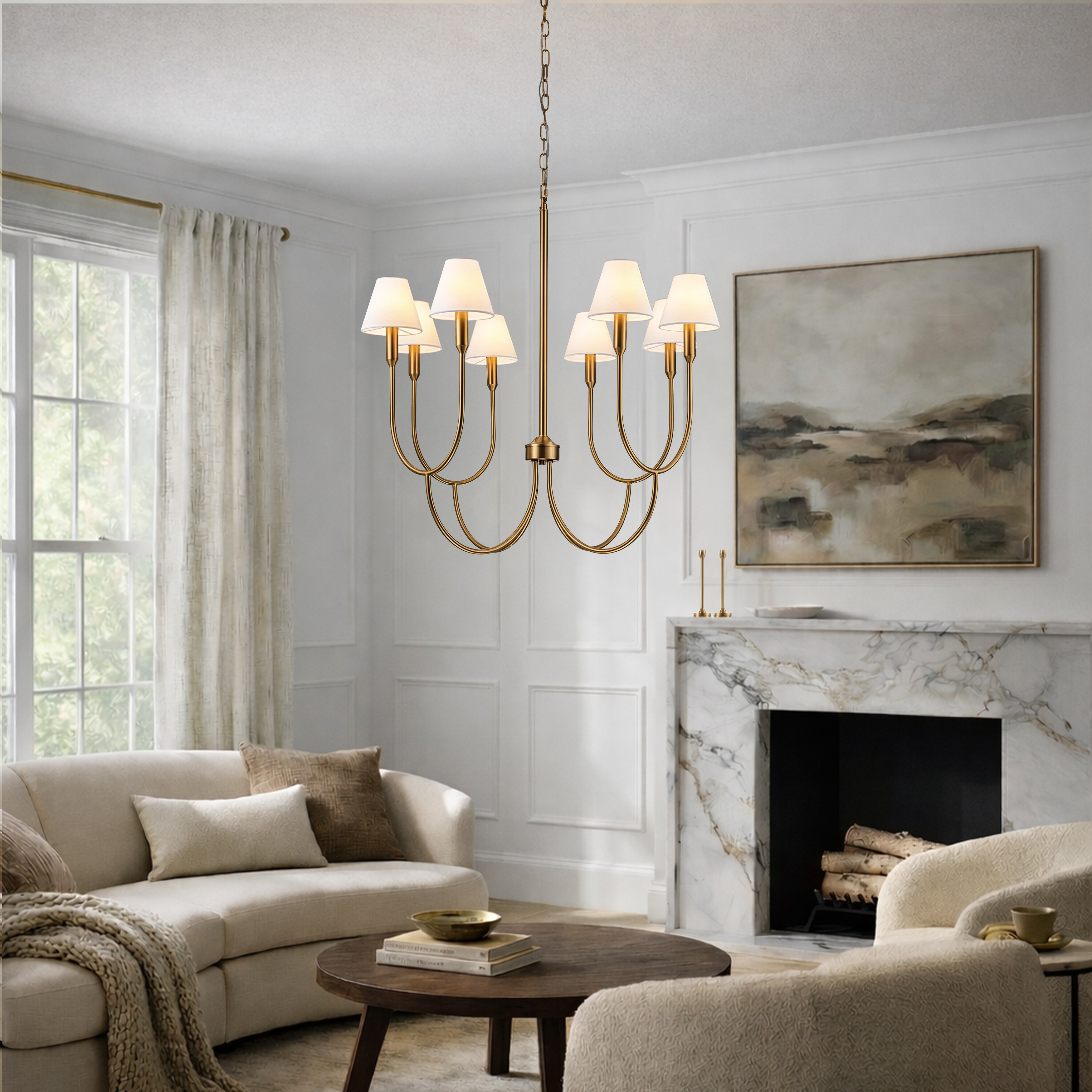 8-Light 32-Inch Mid-century Modern Satin Brass Large Chandelier with White Linen Fabric Shades For Dining Room or Foyers - W32''