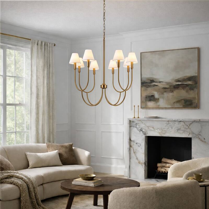 8-Light 32-Inch Mid-century Modern Satin Brass Large Chandelier with White Linen Fabric Shades For Dining Room or Foyers - W32'' - W32'' - Satin Brass