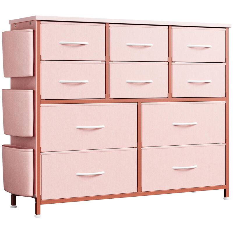Fabric 10 Drawer Dresser for Bedroom, Metal Frame Storage Organizer Chest with Side Pockets, Hooks