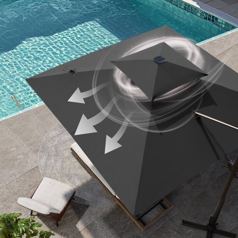 VredHom 11X11 FT Outdoor Square Cantilever Patio Umbrella Aluminum Solar LED Light with HDPE Base