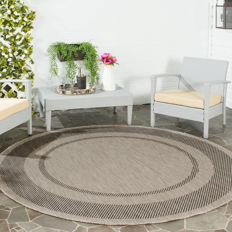 SAFAVIEH Courtyard Shpresa Indoor/ Outdoor Waterproof Patio Backyard Rug - 5'3" Round - Beige/Black
