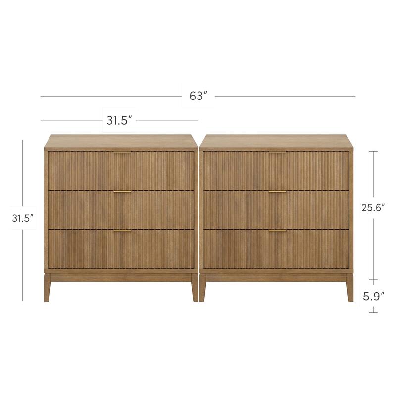 Jasper Mid-Century Modern 3-Drawer Dresser with Solid Wood Frame and Fluted Door Fronts