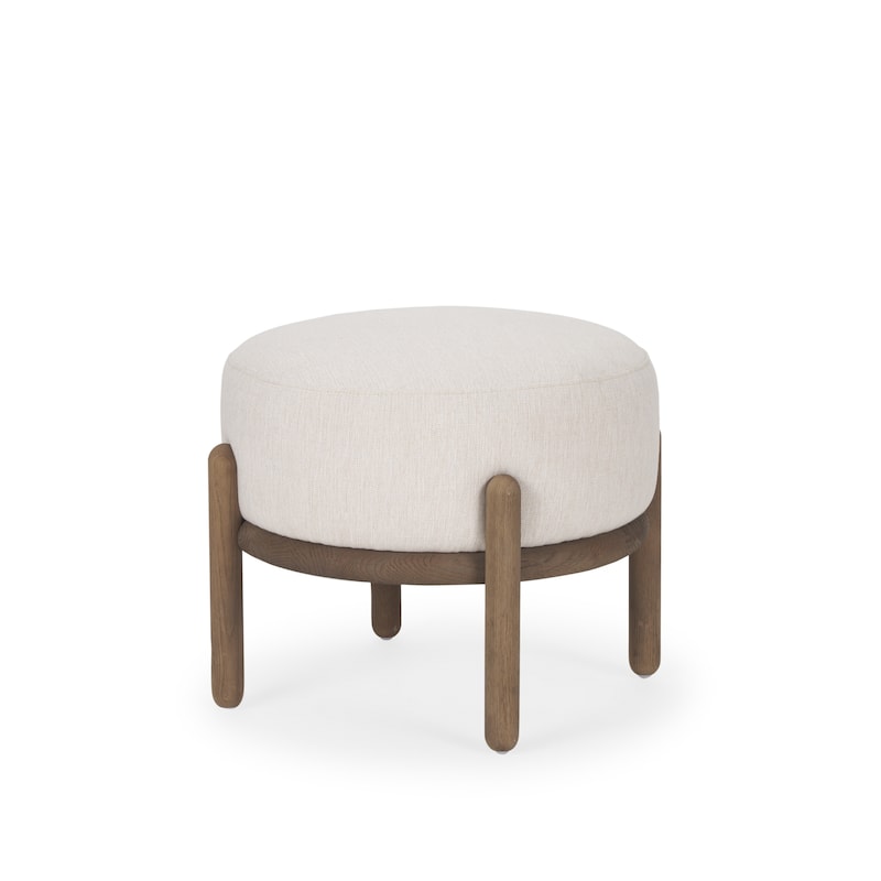 Gwynn Oatmeal Fabric w/ Dark Brown Wood Pouf - Beige
