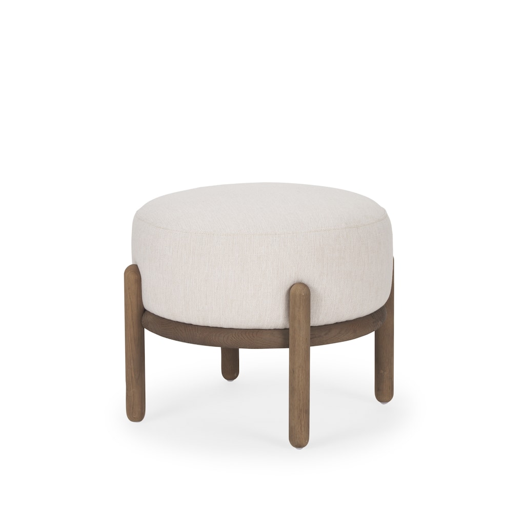 Gwynn Oatmeal Fabric w/ Dark Brown Wood Pouf