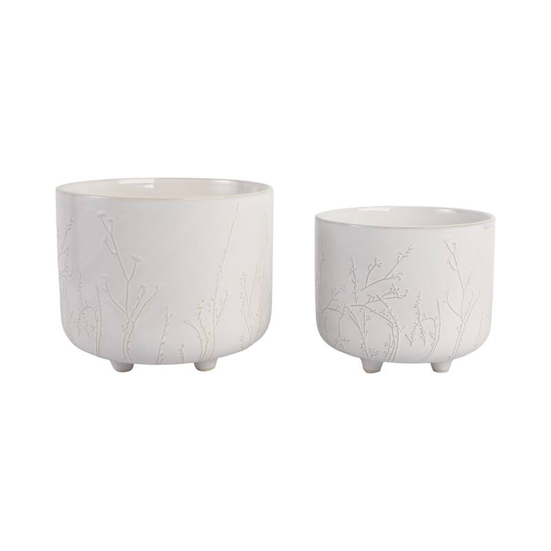 Stoneware Ceramic Planter Raised Botanical Relief Design Tripod Base - 11" x 11" x 9" - 11" x 11" x 9" - Ivory