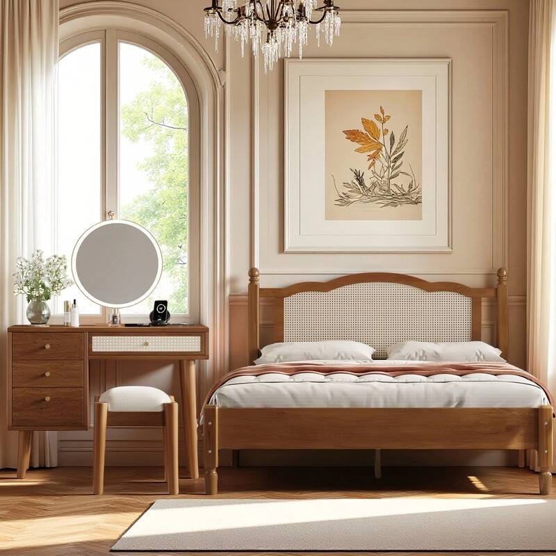 2-Pieces Bedroom Sets,Queen Size Wooden Platform Bed with Natural Rattan Headboard,and Wooden Makeup Vanity Set