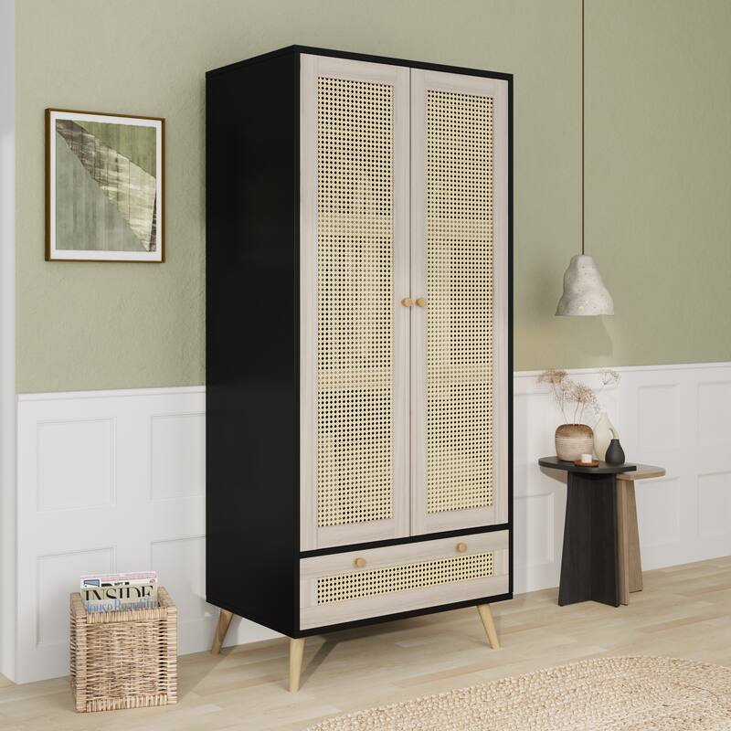 70.8" Tall Armoire Wardrobe Closet with Rattan Doors & Drawer, Boho Clothes Storage Cabinet with Hanging Rod for Bedroom - Natural+Black