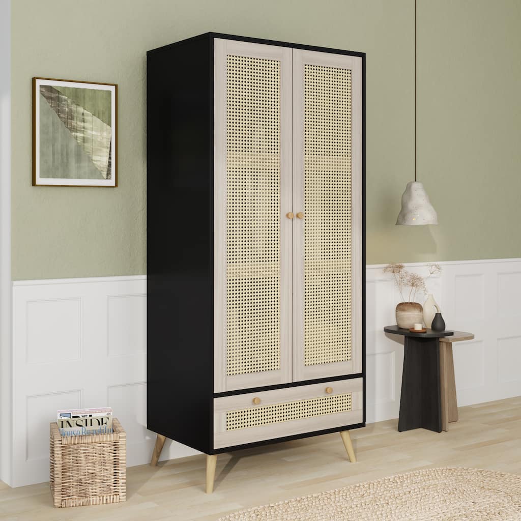 70.8" Tall Armoire Wardrobe Closet with Rattan Doors & Drawer, Boho Clothes Storage Cabinet with Hanging Rod for Bedroom