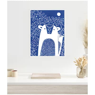 Kate and Laurel Sylvie Blue Night Bears Linocut Framed Canvas by Giuliana Lazzerini