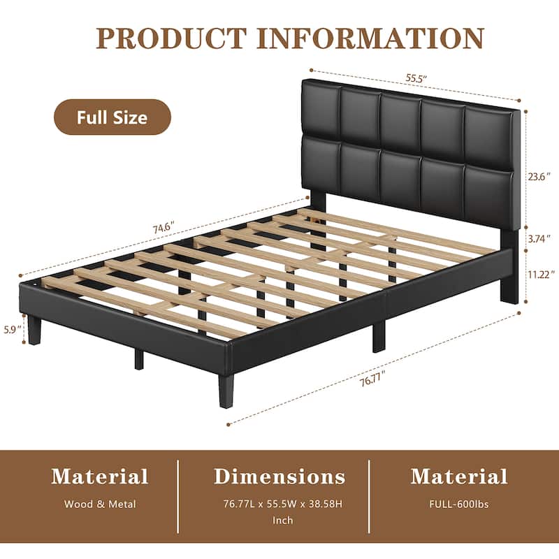 Full Size Bed Frame with Leather Finish – Modern Low-Profile Bed Base with Under-Bed Storage Space and Noise-Free Support
