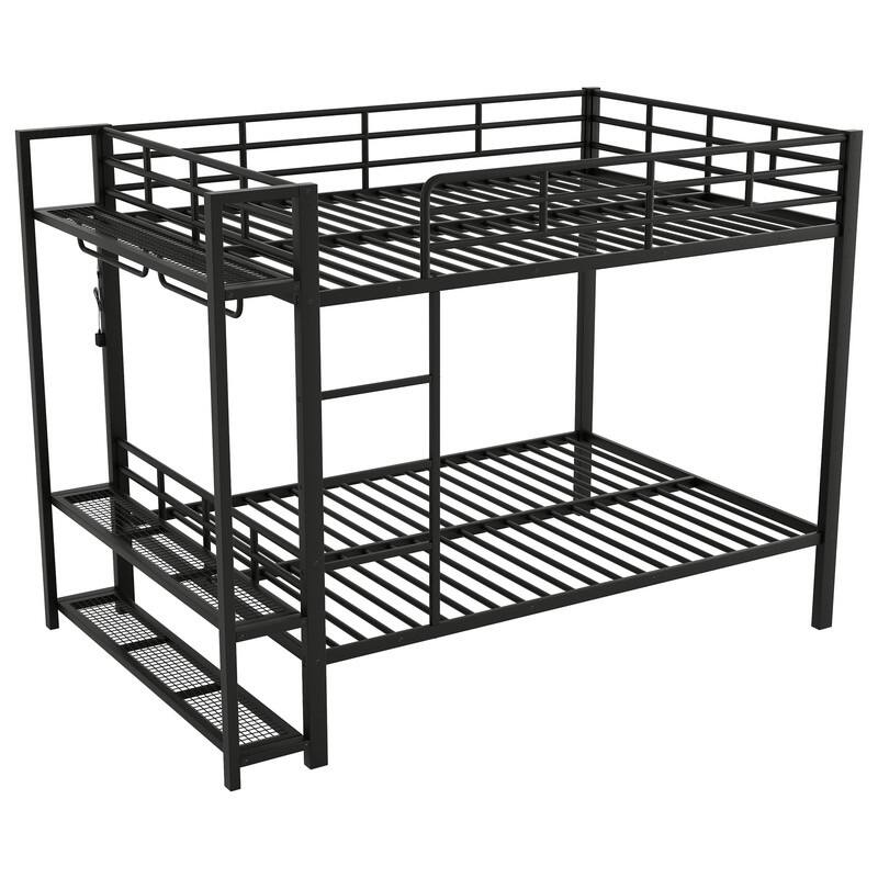 Full over Full Size Metal Bunk Bed with Mesh Shelves and Clothes Hooks, Storage Bed Frame with LED Light and Ladder