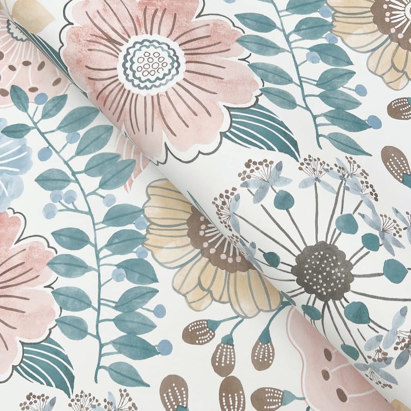 York Wallcoverings Artistic Bouquet Ochre and Ocean Wallpaper