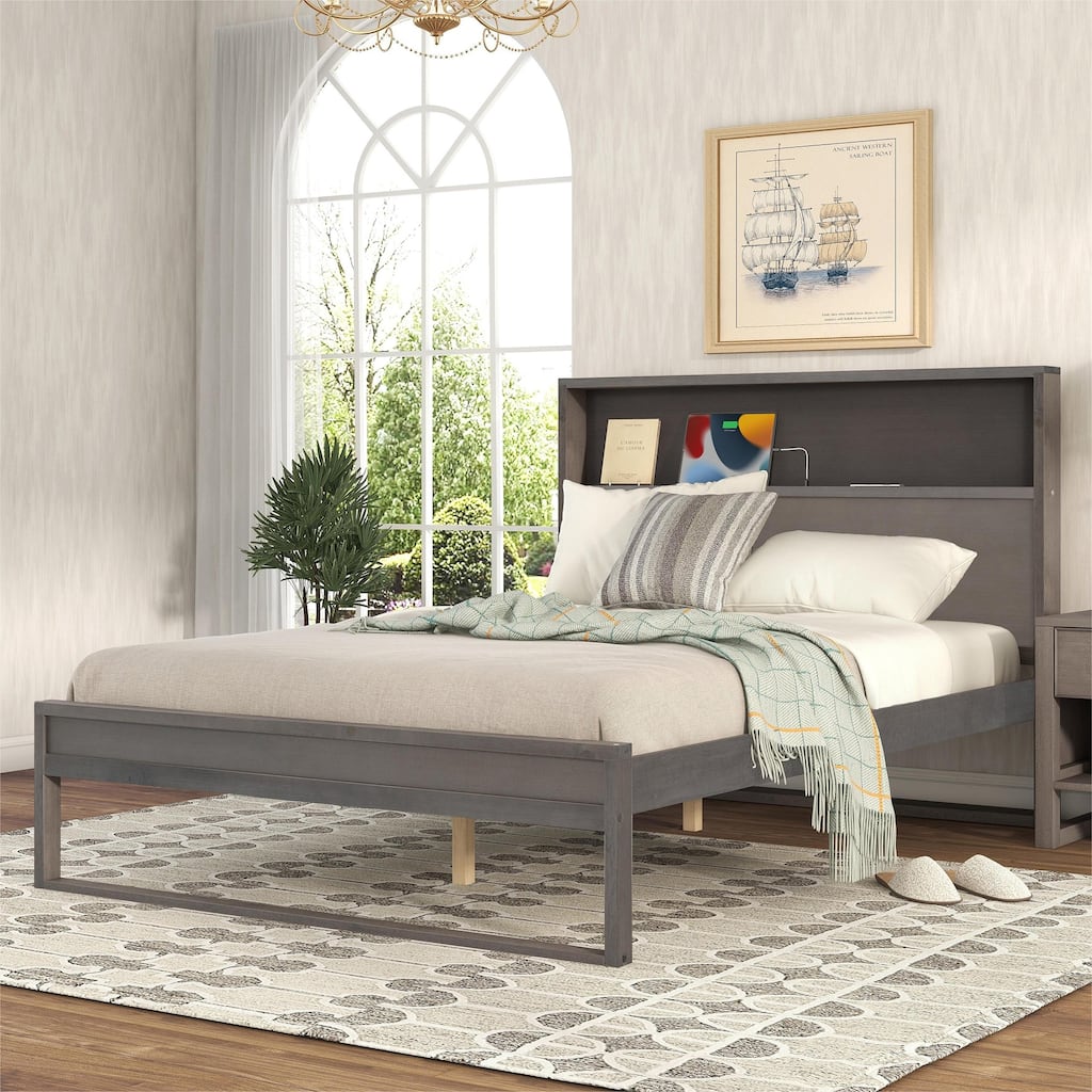 Full Size Platform Bed with Storage Headboard and USB Charging Ports