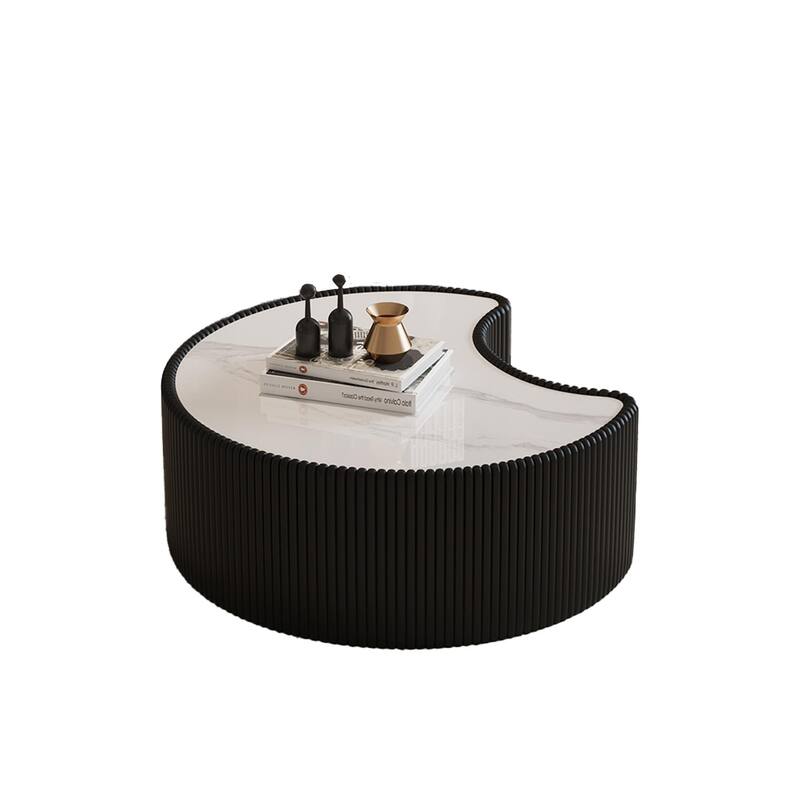 Stylish Modern Coffee Table with Light Sintered Stone Top, Irregular Accents Table, Sofa Side Table with Faux Leather Frame