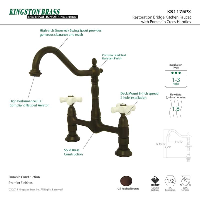 Kingston Brass Heritage Bridge Kitchen Faucet with Porcelain Cross
