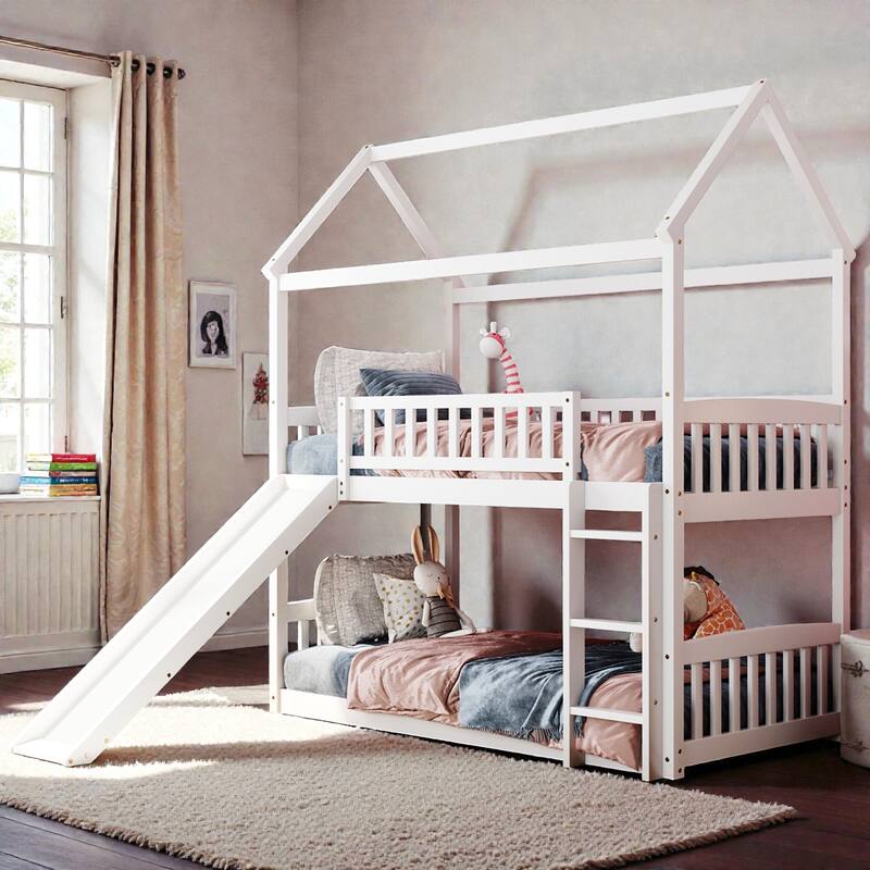 Twin Over Twin House Bunk Bed with Slide, Solid Wood Frame, Safety Rails, Space-Saving Kids Bed