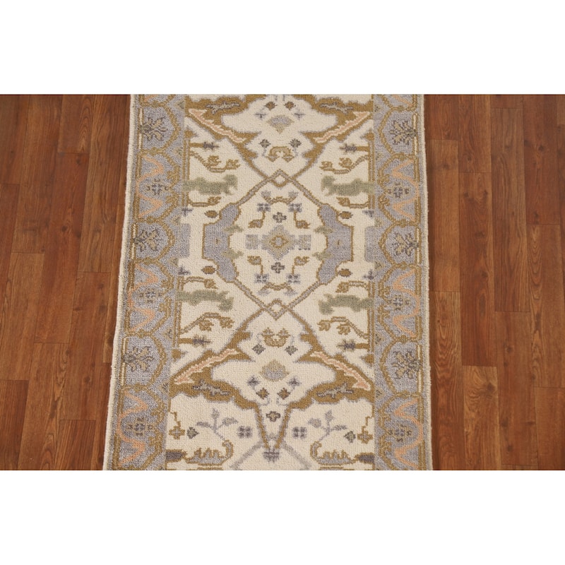 Geometric Oushak Oriental Runner Rug Handmade Wool Carpet - 2'7"x 7'11"