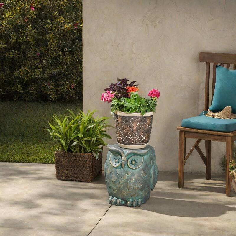 Roomfitters Owl Garden Stool, Weather-Resistant Lightweight Concrete Decorative Accent Table, Antique Green