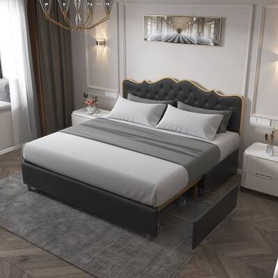 Black, King-Size Bed. Classic Buckle Backrest, Metal Frame, Solid Wood Ribs, With Four Storage Drawers, Sponge Soft Bag