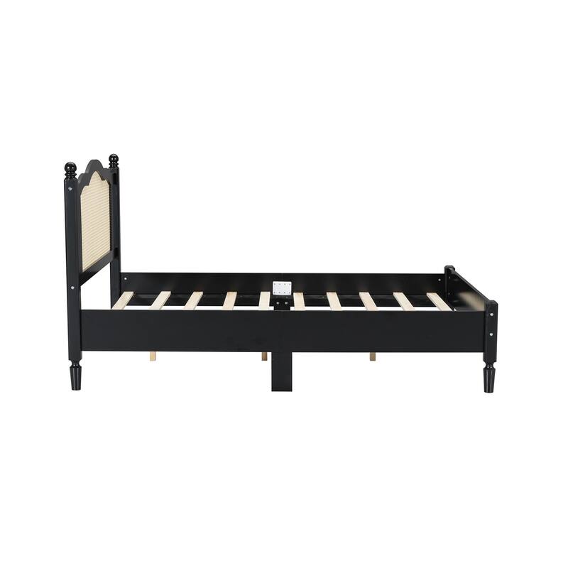 Wooden Platform Bed with Natural Rattan Headboard
