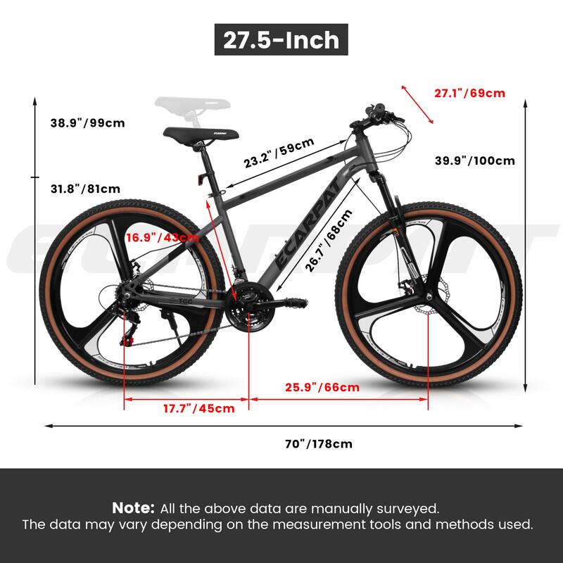 Ecarpat 27.5 Inch Mountain Bike, 21 Speed with Dual Disc Brakes, Front Suspension Fork, High Carbon Steel Frame for Men & Women