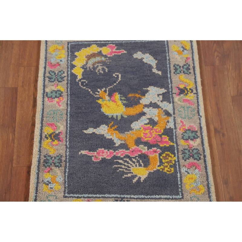 Hand Knotted Oriental 100% Wool Carpet Traditional Geometric Navy Blue & Blues Art Deco Area Rug - 3' 0'' X 2' 0''