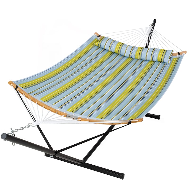 2-person Outdoor Hammock with Stand & Pillow - Green Blue
