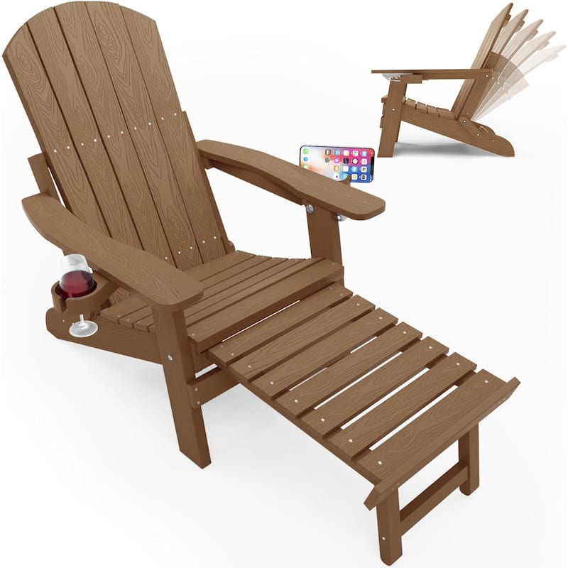 WINSOON All Weather HIPS Folding Adirondack Chair with Adjustable Backrest and Retractable Ottoman - Teak