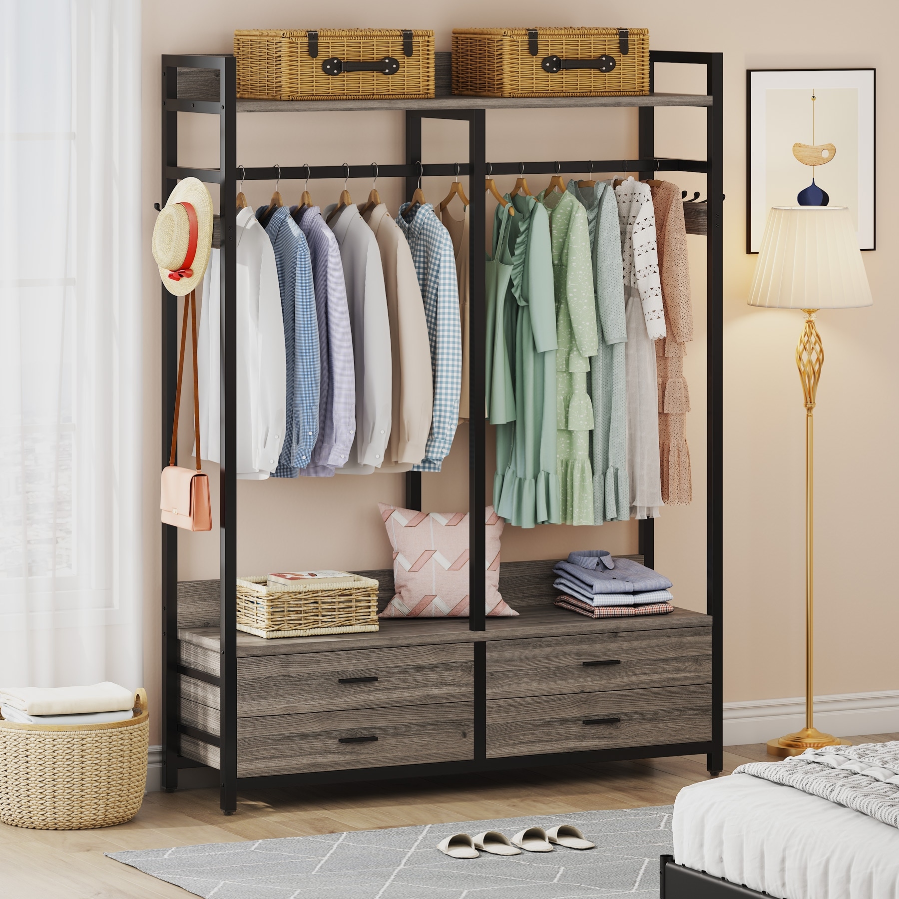47.2" W Freestanding Closet Organizer for Hanging Clothes, Heavy Duty Garment Rack with 4 Drawers, 8 Hooks and Storage Shelves