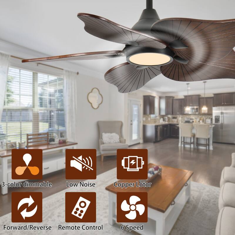 44-Inch Ceiling Fan with Light, 5 Solid Wood Blades, DC Motor, APP & Remote Control, Dimmable Full-Spectrum LED - Acacia Wood